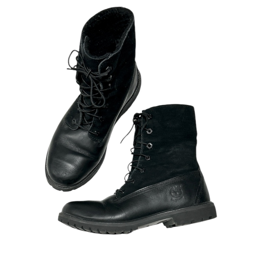 Timberland Black Leather Teddy Fleece Waterproof Fold Down Boots Lace Up Sz 9 - Picture 12 of 16